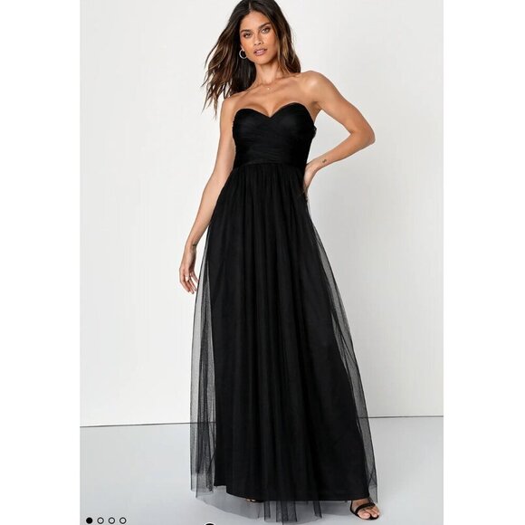 Lulus Tulle Strapless Maxi Dress Black Lined Wedding Prom Gala - Picture 1 of 15